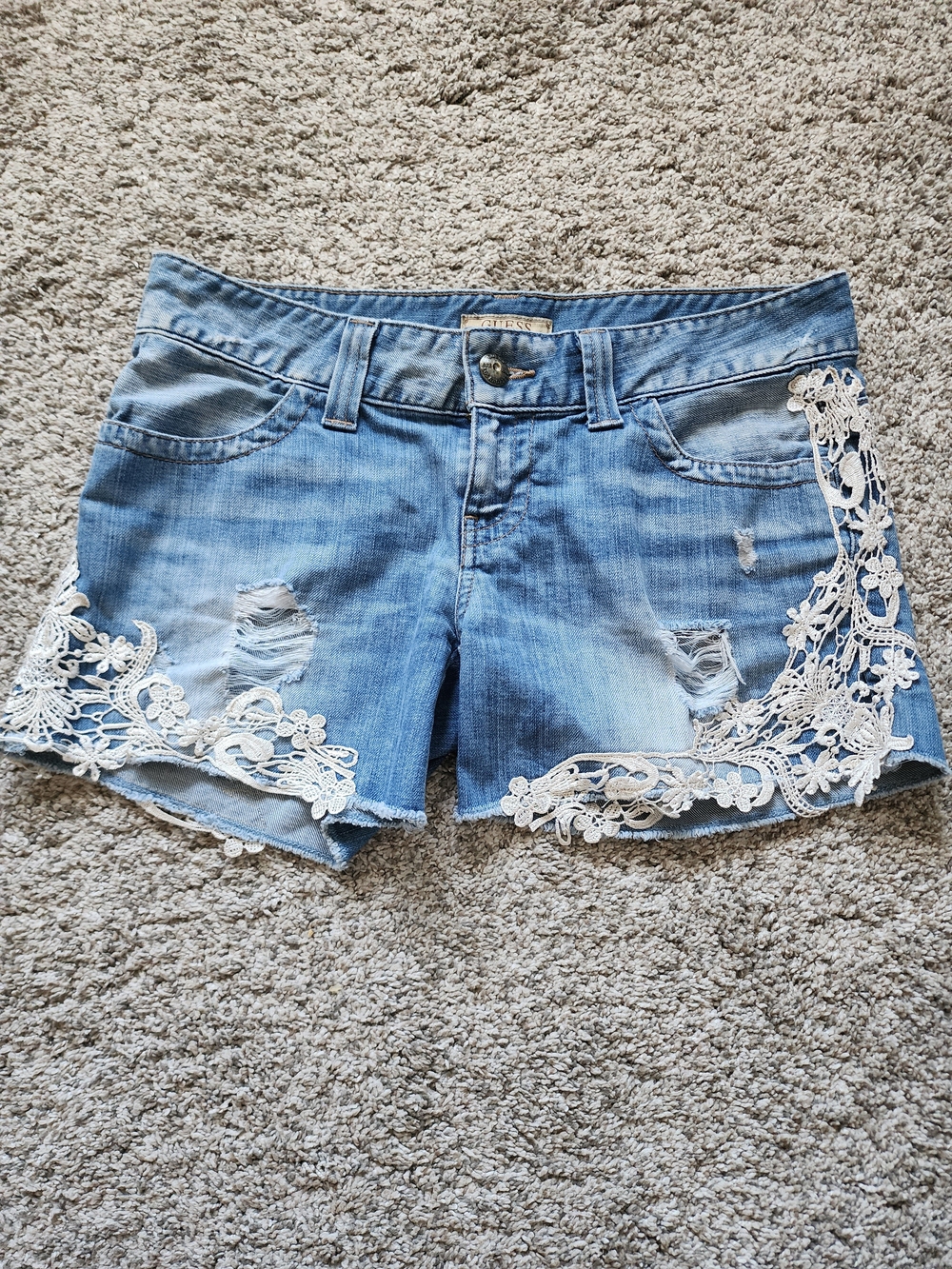 Light Blue Denim Crochet Trim Women's Shorts